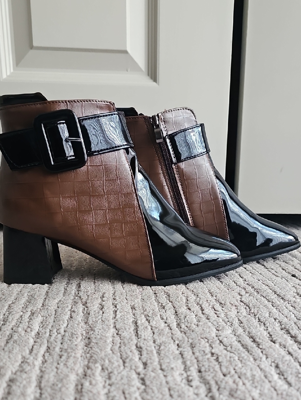 Women's Brown Croc-Texture Ankle Boots with Black Patent Toe